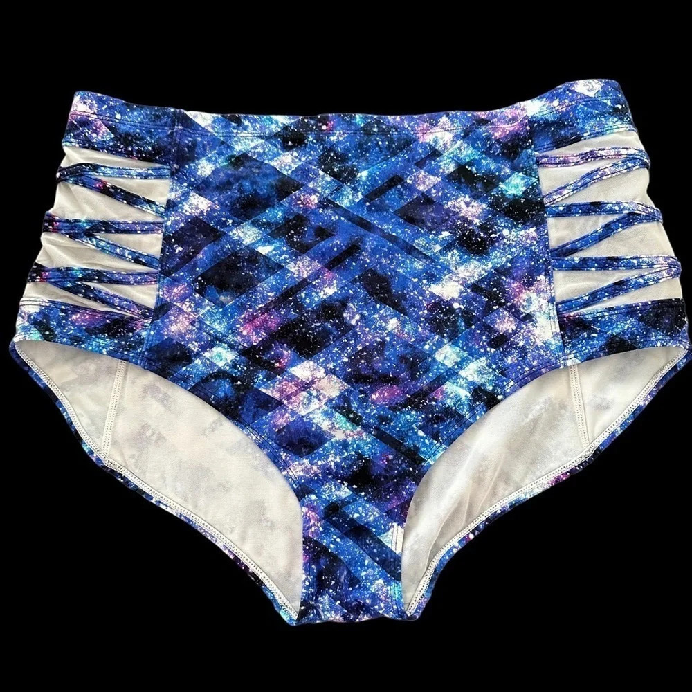 Torrid size 2 2X Blue Galaxy Print High Waist Swimsuit Bottoms Mesh Sides Swim